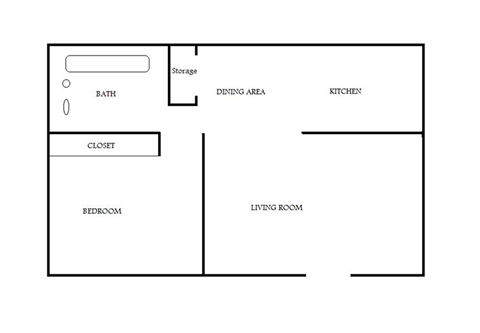 Floor plan for 1 bed, 1 bath, 728 sqft